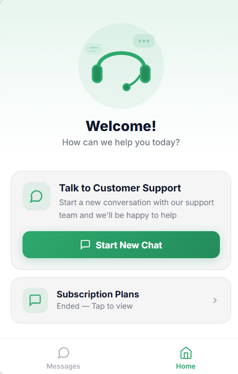 Widget Home — Welcome screen with quick actions