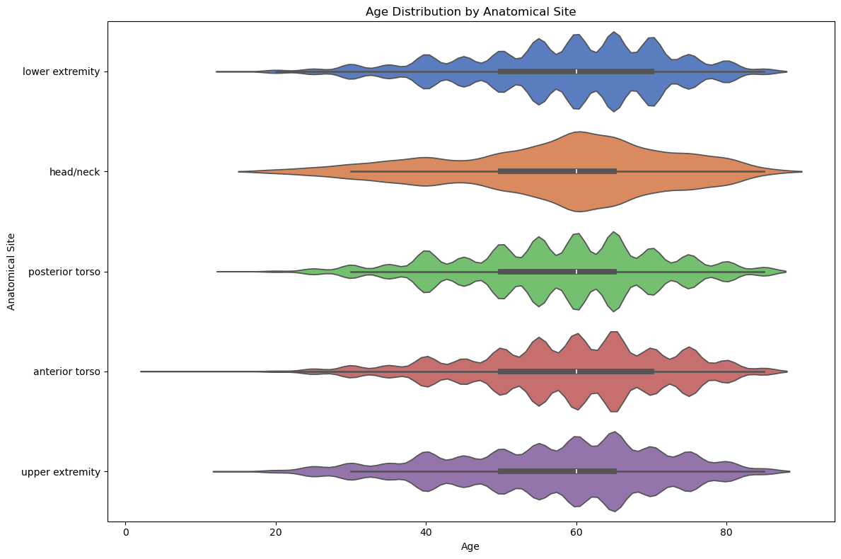 Age Distribution by Anatomical Site — Violin plot of patient demographics